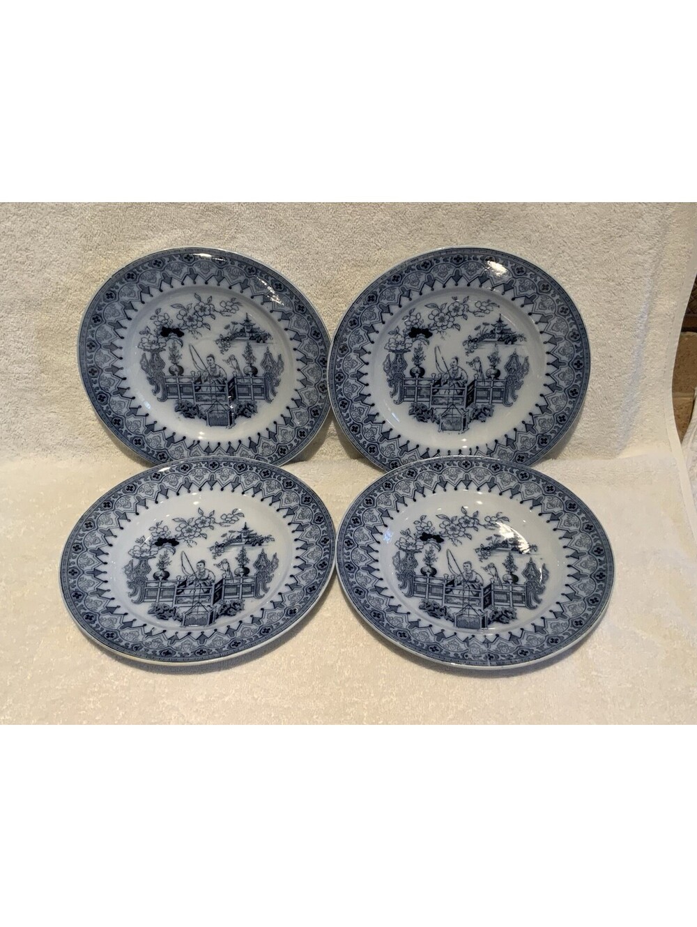 Vintage Imperial Stone - Set of 3 - Penang 8.5”W Oriental White Rim Soup Plates